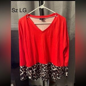 Vibrant Red Long Sleeve Top with Leopard Print